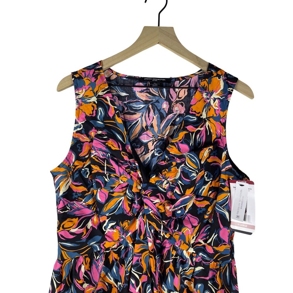 French Connection Twist Front Midi Dress Women's XL NWT Tropical Ruffle Cotton - Picture 2 of 10